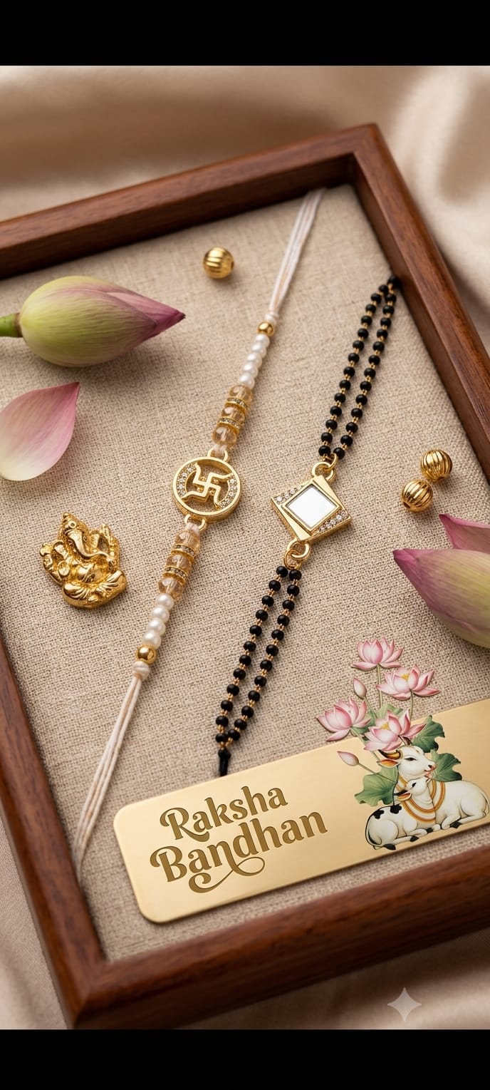 A close-up of a Rakhi laid on a beige fabric surface inside a wooden tray, alongside a black beaded string, gold-toned decorative charms, a small gold bell, and a gold card that reads 'Raksha Bandhan' with a floral illustration.